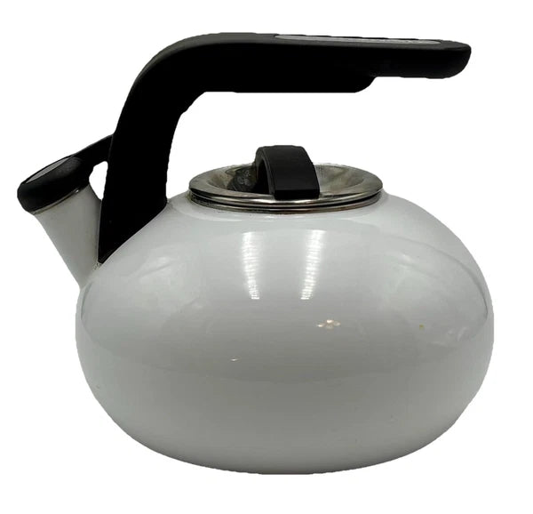 Kitchen Aid Tea Pot Whistling White Enamel Kettle Black Handle Chrome Trim