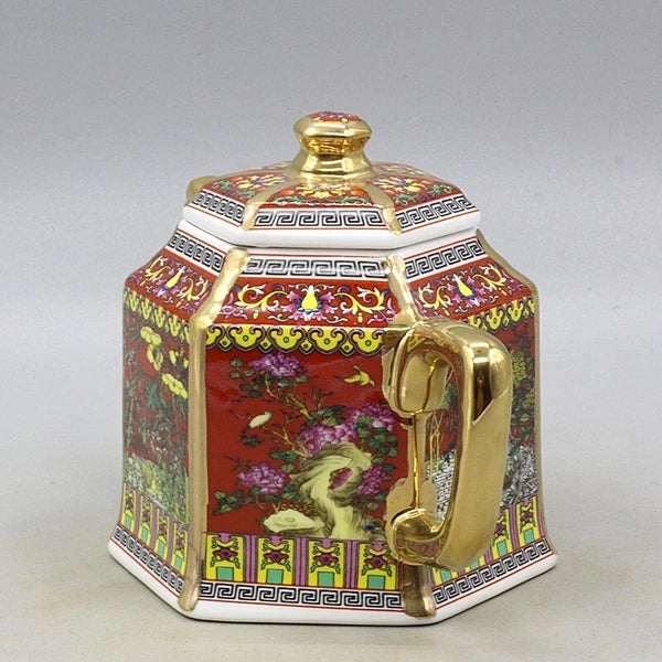6.5" Collect Chinese Qing Colour Enamels Porcelain Gild Flower Six Sides Teapot