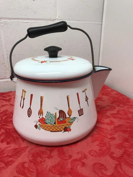 White Enameled 12 C Floral Coffee/Tea Pot Wire & Wood Black Handle  & Knob