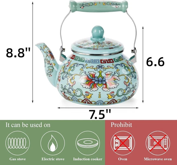 2.6 Quart Floral Enamel Tea Kettle, Vintage Enameled Teapot Stovetop, Enamel on