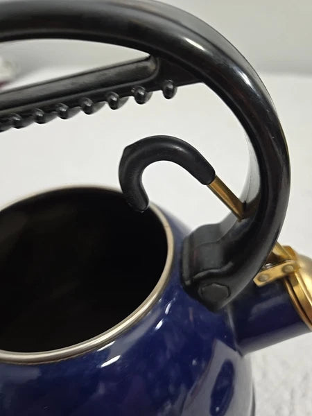 Vintage Dark Blue Enamelware Tea Pot Whistle Spout Brewing Classic