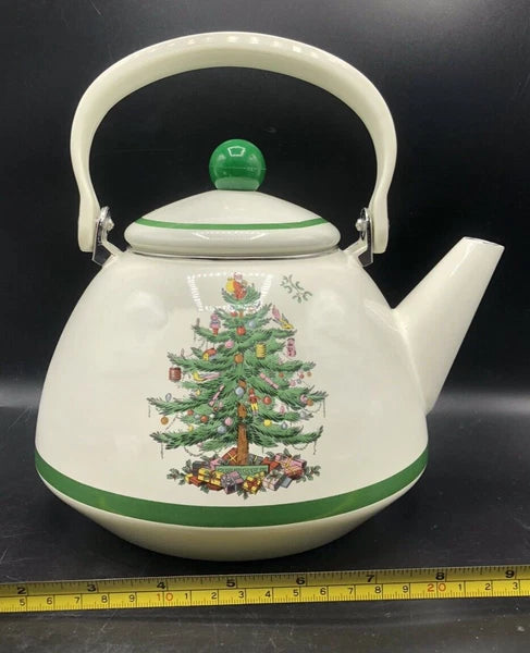SPODE Christmas Tree Enamel On Steel Tea Kettle w Swing Handle Teapot Vtg
