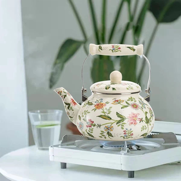2.6 Quart Vintage Enamel Tea Kettle, Green Floral Enamel on Steel Teapot with Co