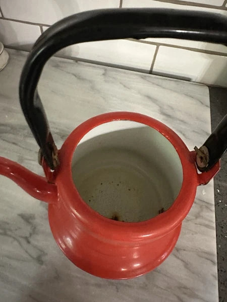 Vintage MCM Red Baked Enamel Tea Kettle with Black Handle Tea Pot Japan Rustic
