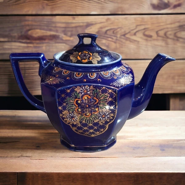 Vtg Seiei & Co Cobalt Blue Hand Painted Floral Blossom Enamel Teapot Japan