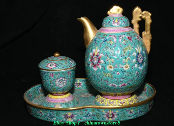 Old Qing Dynasty Enamel Colour Porcelain Gilt Flower Wine Tea Pot Flagon Set