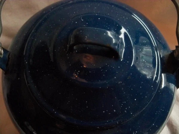 Vtg Blue White Speckled Enamelware Teapot kettle, wire wrap handle, from auction