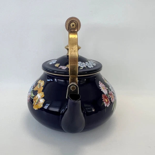 1983 GAILSTYN SUTTON "Flower Garden" Vintage Enamel Ware Cobalt Teapot Kettle