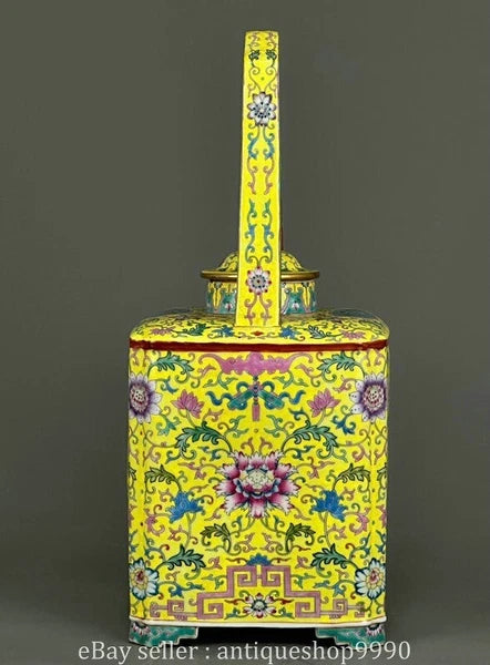 16.4" Yongzheng Marked Colour Enamel Porcelain Yellow Flower Wine Tea Pot Flagon