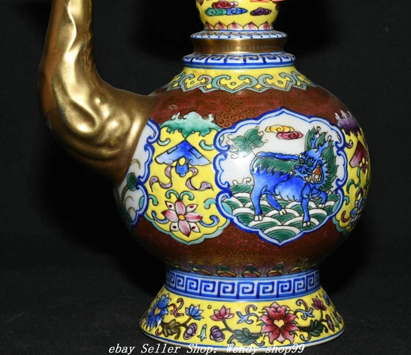 8" Qianlong Colour Enamel Porcelain Gilt Dragon Qilin Lotus Wine Tea Pot Flagon
