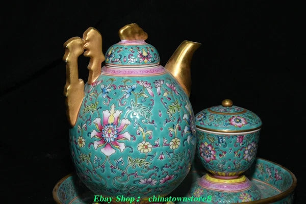 Old Qing Dynasty Enamel Colour Porcelain Gilt Flower Wine Tea Pot Flagon Set