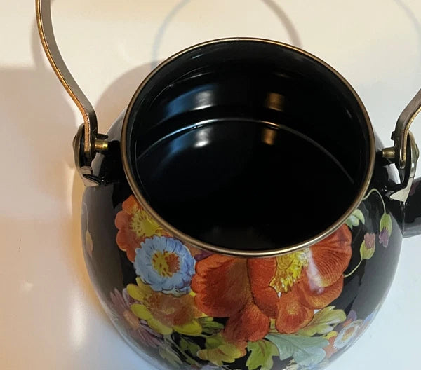 MacKenzie Childs Black Flower Market 2 Quart Enamel Teapot Kettle - EUC