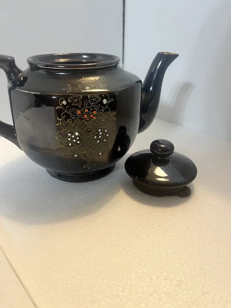 Vintage Japanese Teapot W/Lid Black & Gold Enamel Hand Painted 6 X 8.5 Teapot