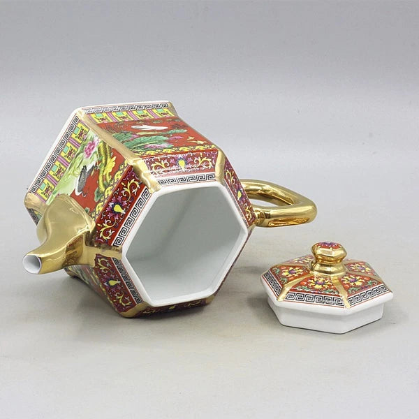 6.5" Collect Chinese Qing Colour Enamels Porcelain Gild Flower Six Sides Teapot