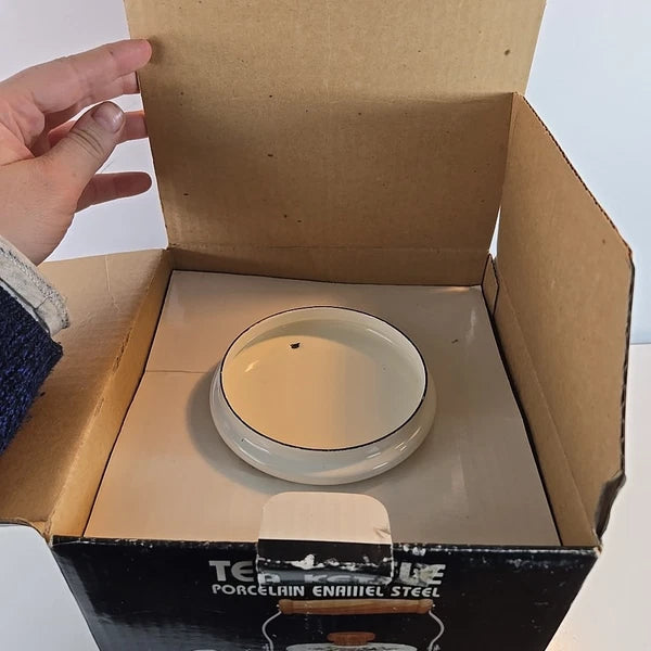 Vtg Tea Kettle Porcelain Enamel On Steal Red Peacock Wood Handle Taiwan W/ Box