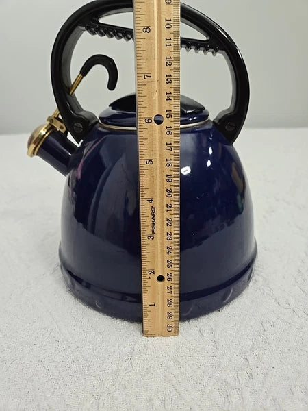 Vintage Dark Blue Enamelware Tea Pot Whistle Spout Brewing Classic