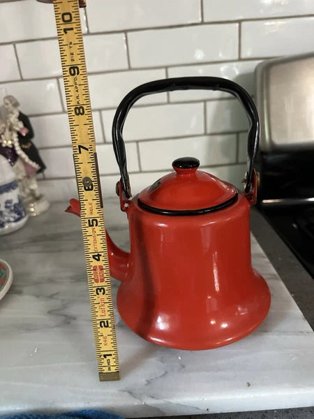 Vintage MCM Red Baked Enamel Tea Kettle with Black Handle Tea Pot Japan Rustic