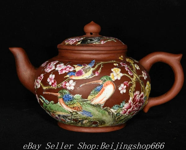6.4" Marked Chinese Zisha Colour enamels Porcelain Flower Handle Kettle Teapot