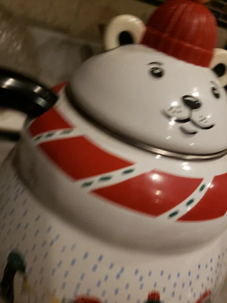 Polar Bear & Penguin 3qt Porcelain Enamel Roschko Teapot,  Christmas Tea Kettle