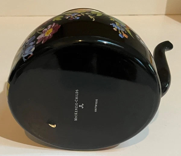 MacKenzie Childs Black Flower Market 2 Quart Enamel Teapot Kettle - EUC