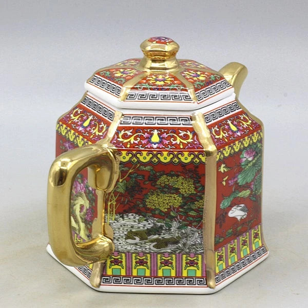 6.5" Collect Chinese Qing Colour Enamels Porcelain Gild Flower Six Sides Teapot
