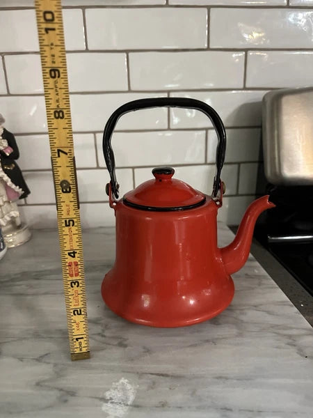 Vintage MCM Red Baked Enamel Tea Kettle with Black Handle Tea Pot Japan Rustic