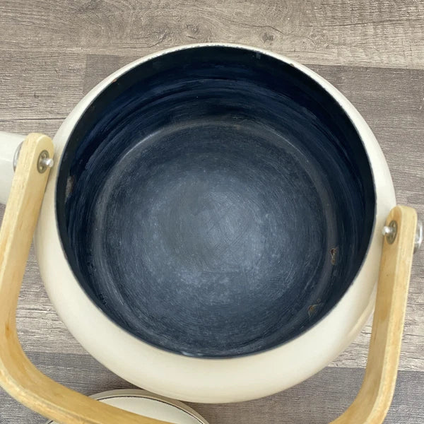 Vintage Beige Enamel Ware Mom Tea Pot Kettle Wood Handle Retro MCM Mother’s Day