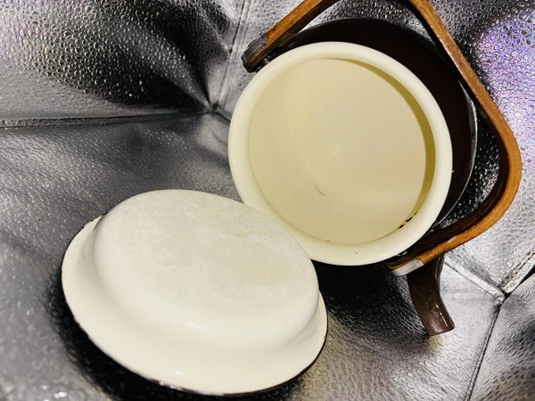 Vintage Small Brown  Enamelware Tea Pot Kettle Wood Handle 6.5" x 4.75"