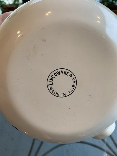 Vintage Lincoware Off White Enamel Metal Flower Motif Teapot Kettle Brass Handle