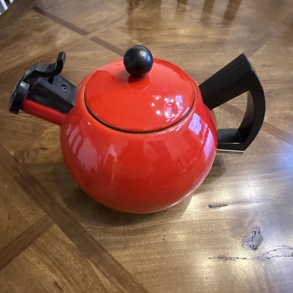 Vintage Red Enamel Tea Kettle Copco Tea Pot Black Handle MCM