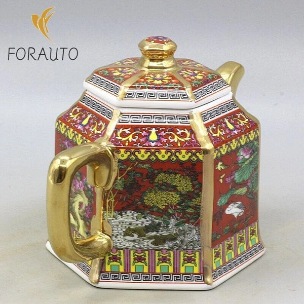 6.5" Collect Chinese Qing Colour Enamels Porcelain Gild Flower Six Sides Teapot