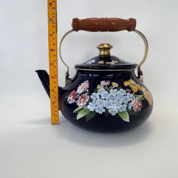 1983 GAILSTYN SUTTON "Flower Garden" Vintage Enamel Ware Cobalt Teapot Kettle