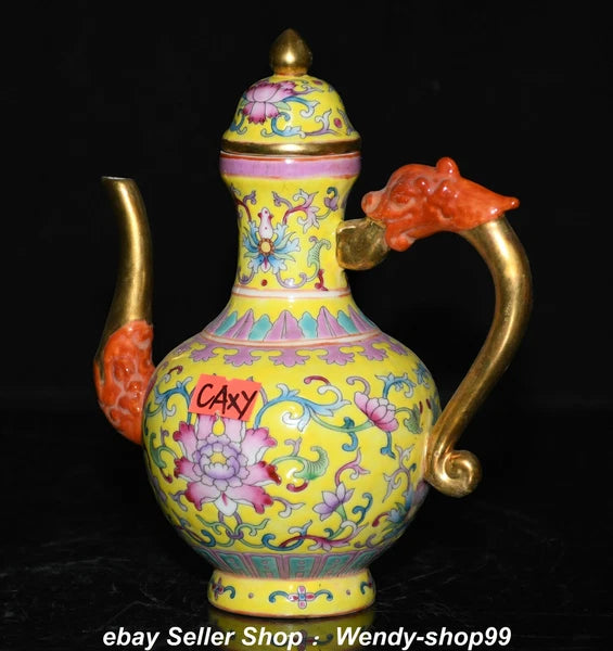 7" Qianlong Enamel Color Porcelain Gilt Dragon Beast Flower Wine Pot Teapot