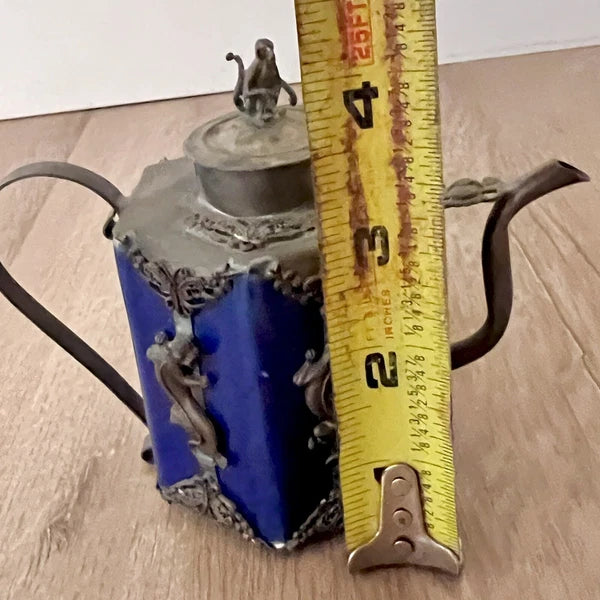 Vintage Chinese Silver Blue Enamel Ceramic Monkey Tiger Frog Tea Pot Deco Marked