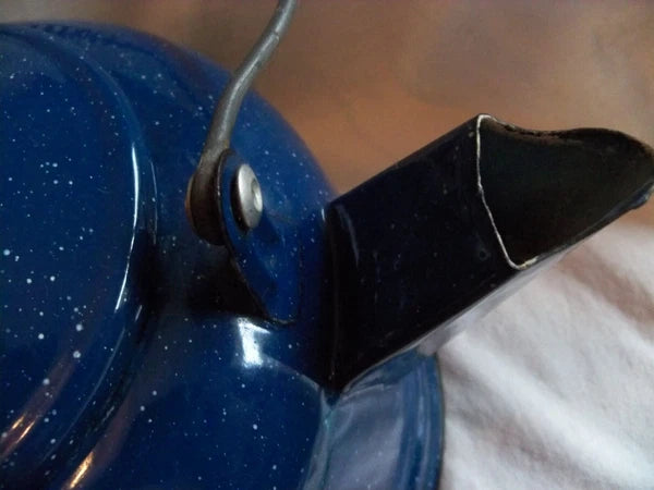 Vtg Blue White Speckled Enamelware Teapot kettle, wire wrap handle, from auction