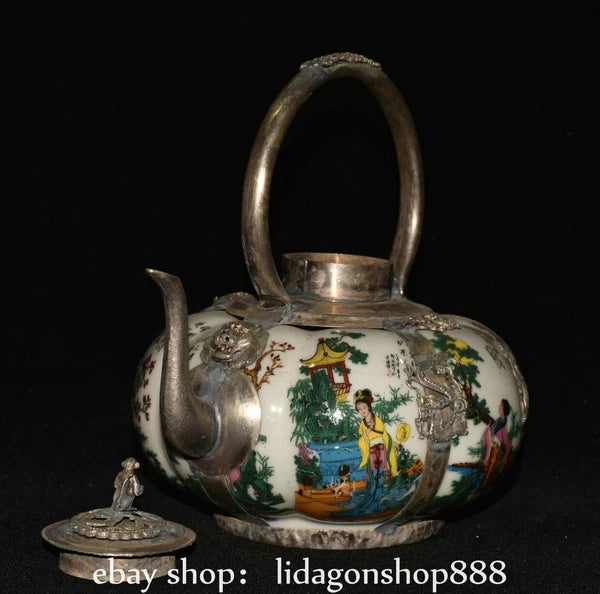 6.8" Old Chinese Silver Enamel Porcelain Beauty Belle Portable Kettle Teapot