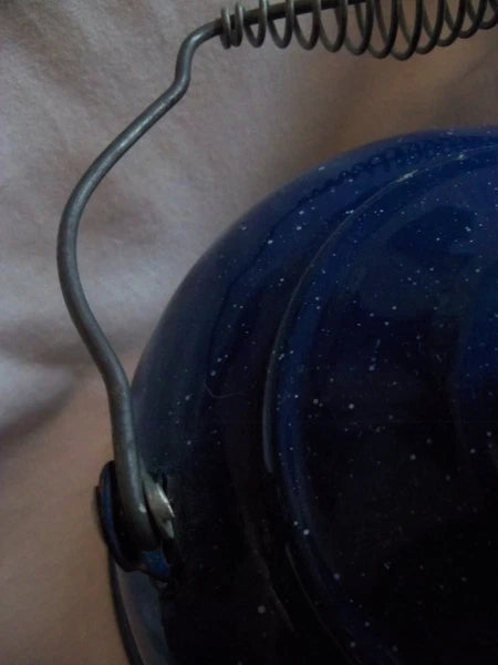 Vtg Blue White Speckled Enamelware Teapot kettle, wire wrap handle, from auction