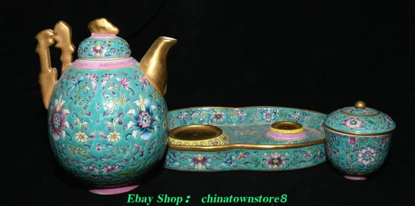 Old Qing Dynasty Enamel Colour Porcelain Gilt Flower Wine Tea Pot Flagon Set