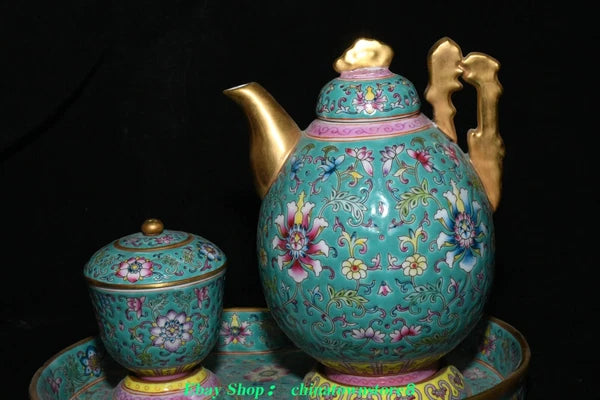 Old Qing Dynasty Enamel Colour Porcelain Gilt Flower Wine Tea Pot Flagon Set
