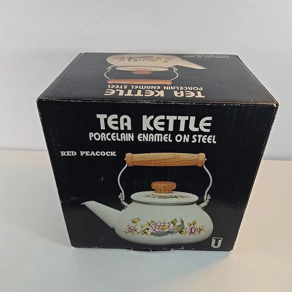 Vtg Tea Kettle Porcelain Enamel On Steal Red Peacock Wood Handle Taiwan W/ Box