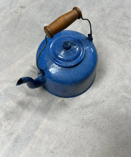 Vintage Teapot Blue and White Speckled Enamel w/ Wood Handle Tea Kettle 10" x 9"