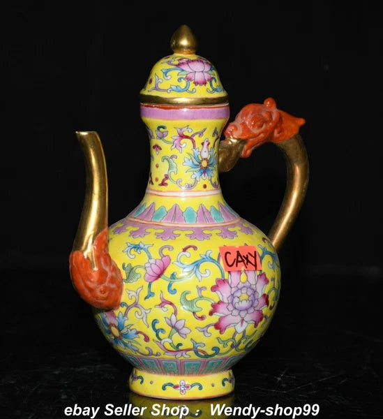 7" Qianlong Enamel Color Porcelain Gilt Dragon Beast Flower Wine Pot Teapot