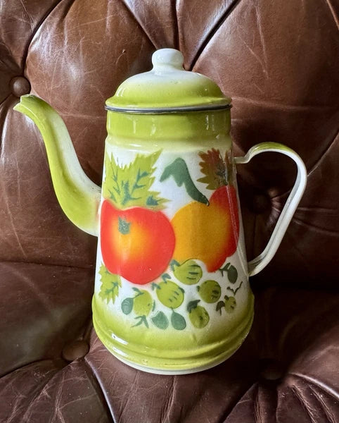 Vintage 1960s Enamelware Graniteware Coffee/Tea Pot 7 1/2" + 12" Bowl FRUIT
