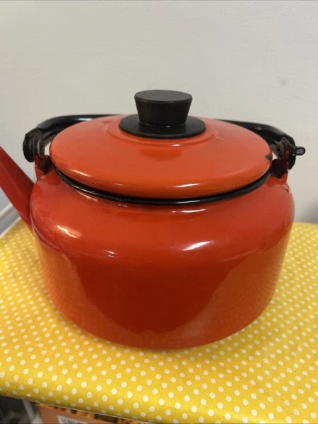 Vintage Orange Black Enamelware Tea Pot Kettle Mod Kitchen Retro 2.5QtPoland MCM