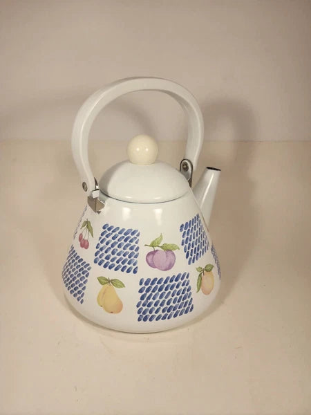 White Enamel Teapot Fruit Pear Cherries Plum Peach Blue 2 Qt Decorative Tea Pot