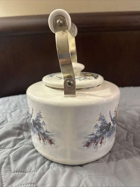 Lenox Winter Greetings Scenic Enamel Tea Kettle Cardinals Chickadee Holiday