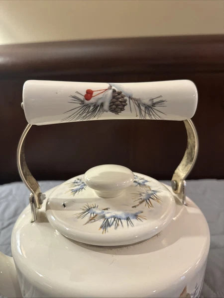 Lenox Winter Greetings Scenic Enamel Tea Kettle Cardinals Chickadee Holiday