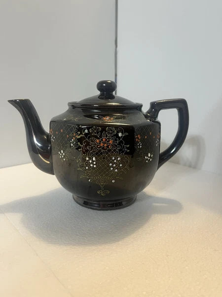 Vintage Japanese Teapot W/Lid Black & Gold Enamel Hand Painted 6 X 8.5 Teapot