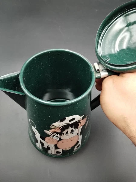 ENAMEL SPECKLE WARE TEAPOT GREEN COW GRAPHICS  8" TALL  5" ACROSS THE BOTTOM