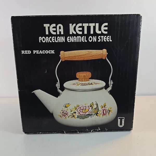 Vtg Tea Kettle Porcelain Enamel On Steal Red Peacock Wood Handle Taiwan W/ Box